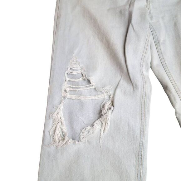 High Rise Dad Jean Recycled Cotton Lightest Wash Ripped Blue Jeans Designer - Picture 7 of 11